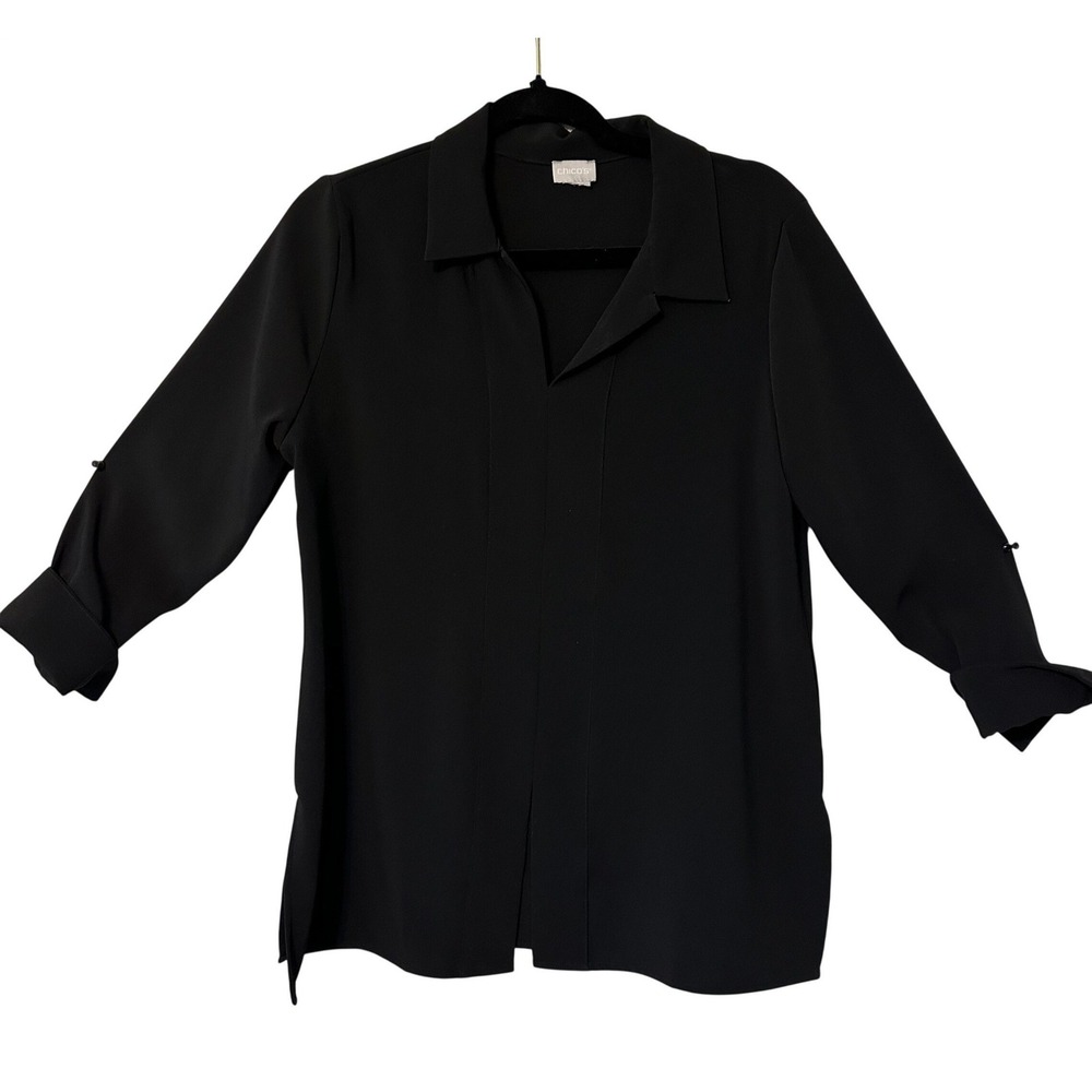 Chicos Black Collared Roll Tab Sleeve Shirt Womens Missing Size‎ SKU 1869